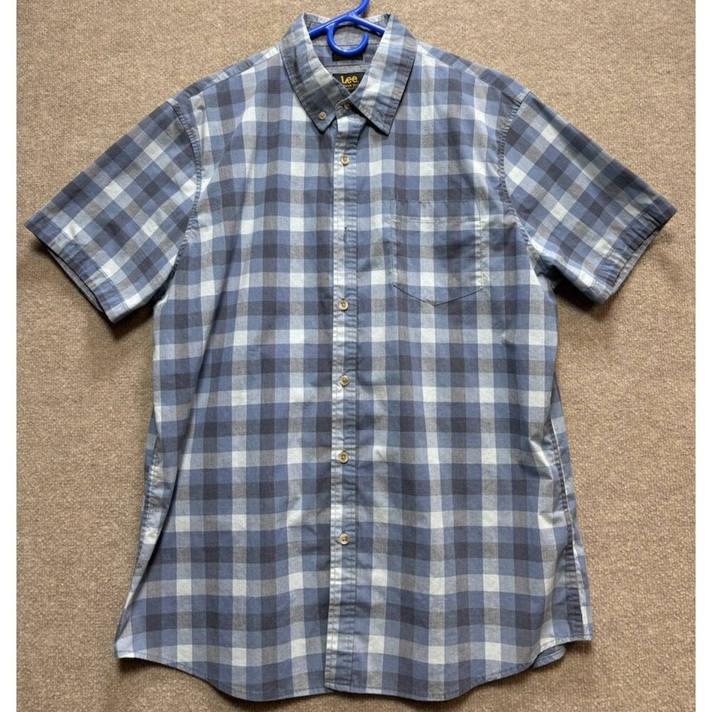 LEE Men's Shirt Premium Select Large Blue Plaid Short Sleeve Button Down GUC - Picture 1 of 11